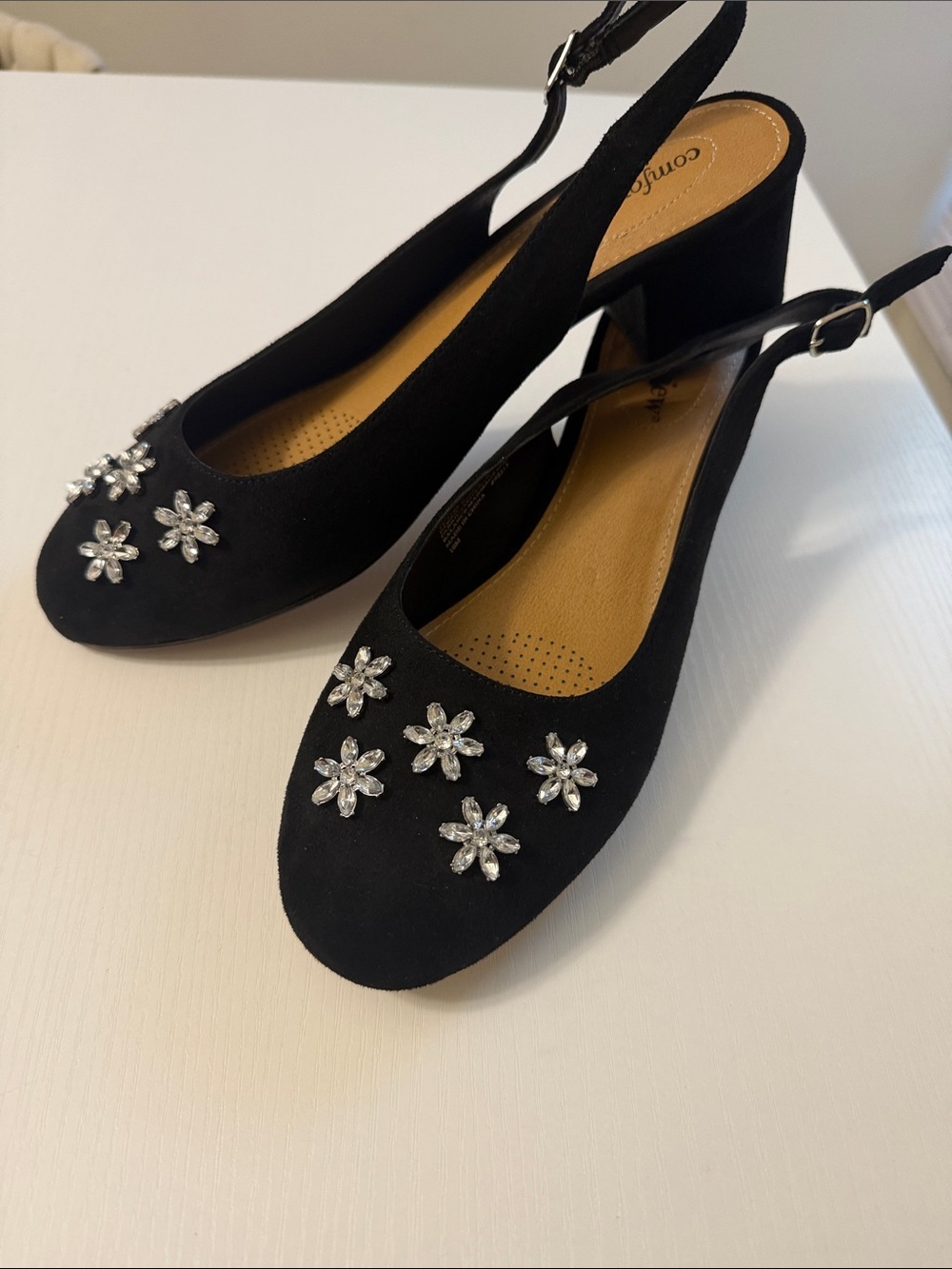 comfortview Black Slingback Block Heel Flats with Crystal Flower Accents